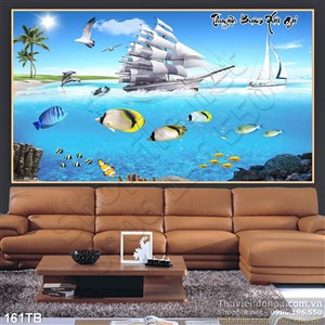 Tranh thuận buồm xuôi gió đàn cá biển bên dưới con thuyền lớn 3d wall