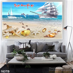 Tranh thuận buồm xuôi gió bãi cát và những cái vỏ óc biển