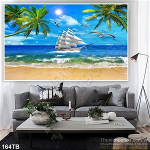 Tranh thuyền buồm xuôi gió cơn sống vỗ bờ và con thuyền lớn