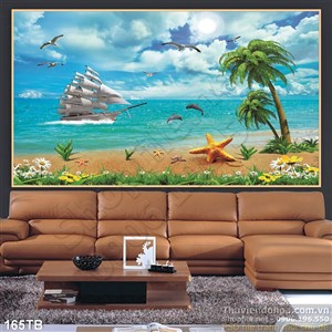 Tranh thuận buồm xuôi gió con thuyền trắng và bầu trời nhiều mây