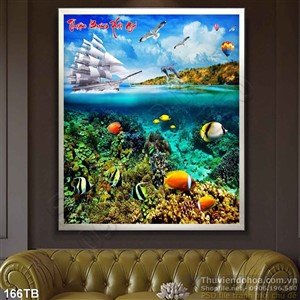 Tranh thuận buồm xuôi gió san hồ và con thuyền