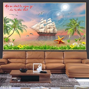 Tranh thuận buồm xuôi gió in uv bầu trời bình minh và con tàu