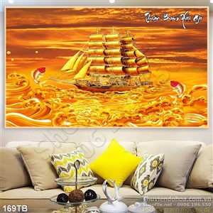 Tranh thuận buồm xuôi gió con thuyền vàng in uv file psd
