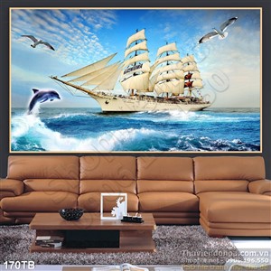 Tranh thuận buồm xuôi gió chú cá heo nhảy lên mặt nước và con thuyền lớn 3d