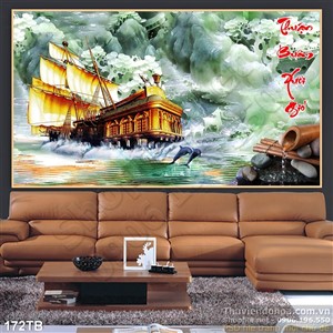 Tranh thuận buồm xuôi gió giả ngọc và con thuyền gỗ cổ psd