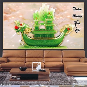 Tranh thuận buồm xuôi gió con thuyền rồng giả ngọc ngậm viên ngọc đỏ đẹp ấn tượng 3d