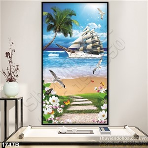 Tranh thuận buồm xuôi gió con đường nhỏ dẫn ra bãi biển đẹp 3d in uv