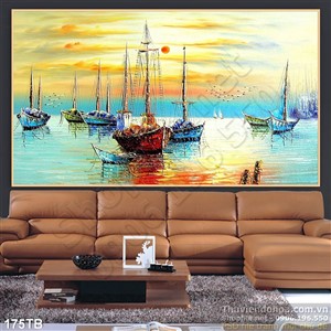 Tranh thuận buồm xuôi gió vẽ tay cảnh tàu bè ngoài biển khơi 3d