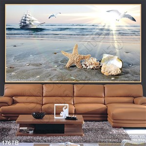 Tranh thuận buồm xuôi gió ánh nắng chiều vào con thuyền nhỏ trên biển 3d