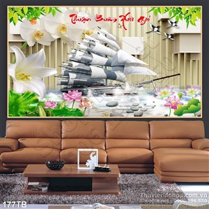 Tranh thuận buồm xuôi gió 3d hoa ly trắng và con thuyền psd