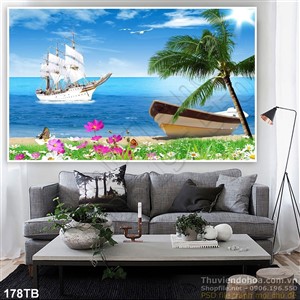 Tranh thuận buồm xuôi gió biển yên tĩnh và con thuyền trên bãi cát