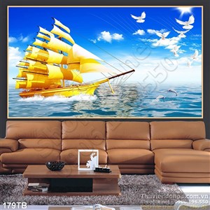 Tranh thuận buồm xuôi gió đàn bồ câu trắng và con thuyền vàng