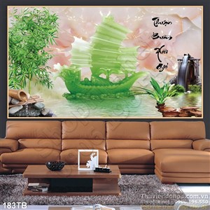 Tranh thuận buồm xuôi gió con thuyền ngọc xanh và cây tre 3d