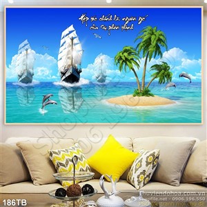 Tranh thuyền buồm xuôi gió ốc đảo nhỏ và con thuyền đang tiến vào 3d