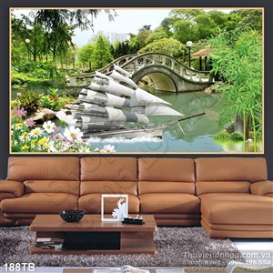 Tranh thuận buồm xuôi gió cây câu và con thuyền nhỏ đẹp ấn tượng đẹp 3d in uv