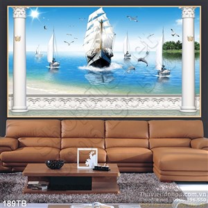 Tranh thuận buồm xuôi gió con thuyền chạy về phía ban công 3d