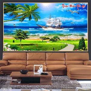 Tranh thuận buồm xuôi gió con đường cỏ xanh hướng ra biển đẹp in uv