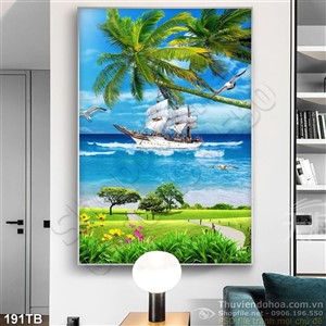 Tranh thuận buồm xuôi gió khổ dọc con đi ra bãi biển 3d in uv