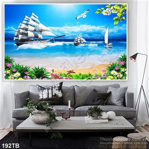 Tranh thuận buồm xuôi gió 2 con thuyền ra khơi file psd