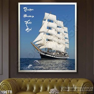 Tranh thuận buồm xuôi gió khổ dọc con thuyền lớn và cá heo 3d