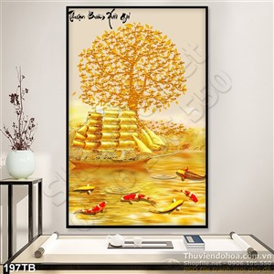 Tranh thuận buồm xuôi gió kim tiền thuyền mạ vàng và cá koi in uv