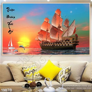 Tranh thuận buồm xuôi gió mặt trời đang mọc và con thuyền lớn 3d