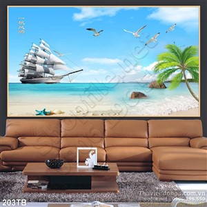 Tranh thuyền buồm xuôi gió thuyền chạy vào bờ và đàn chim hải âu