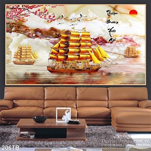 Tranh thuận buồm xuôi gió con tàu kim tiền và hoa đài in psd