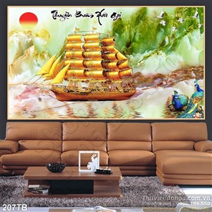 Tranh thuận buồm xuôi gió kim tiền con thuyền vàng đẹp ấn tượng 3d