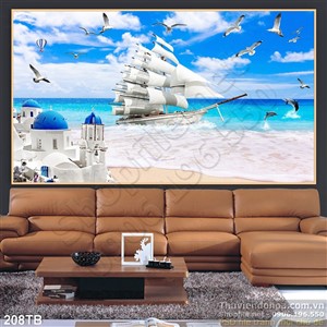 Tranh thuận buồm xuôi gió 3d chim hải âu bay quanh con thuyền buồm on uv đẹp