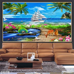 Tranh thuận buồm xuôi gió con nai ăn cỏ trên bãi biển