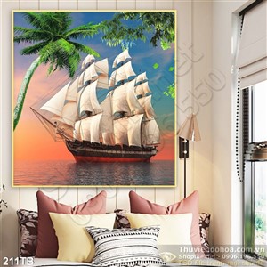 Tranh thuận buồm xuôi gió con thuyền lớn tỉnh lặng trên mặt biển