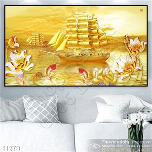 Tranh thuận buồm xuôi gió  in uv cảnh thuyền buồm và cá chép