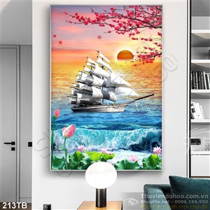 Tranh thuận buồm xuôi gió con thuyền vượt trên con sớm lớn và hoa sen