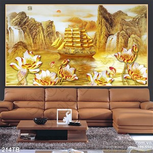 Tranh thuận buồm xuôi gió thuyền và hoa sen giả ngọc