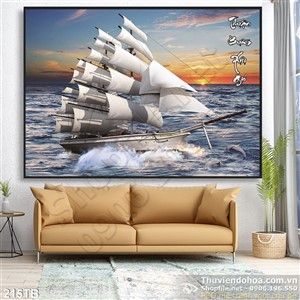 Tranh thuận buồm xuôi gió thuyền buồm lướt sóng ngoài khơi