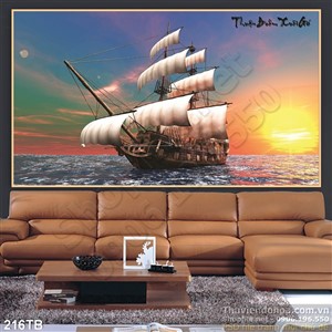 Tranh thuận buồm xuôi gió con thuyền cổ in uv