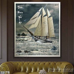Tranh thuận buồm xuôi gió con thuyền nhỏ chống chọi với sóng lớn in psd