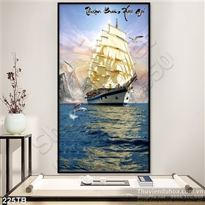Tranh thuận buồm xuôi gió con tàu thủy lớn vượt biển psd in uv