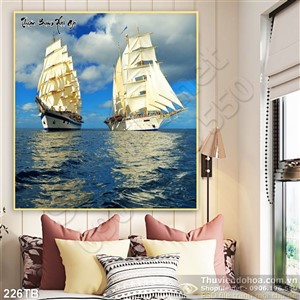 Tranh thuận buồm xuôi gió 2 con thuyền buồm trên biển psd