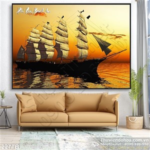 Tranh thuyền buồm xuôi gió vượt biển lúc bình mình 3d