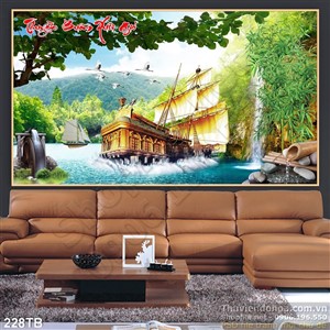 Tranh thuyền buồm xuôi gió thác nước và con thuyền lớn dưới nước