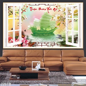 Tranh thuyền buồm xuôi gió in uv 3d giả ngọc con thuyền rồng