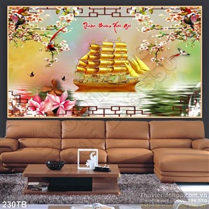 Tranh thuyền buồm xuôi gió chiếc thuyền mạ vàng