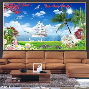 Tranh thuyền buồm xuôi gió đôi ngựa trắng bên thuyền buồm psd