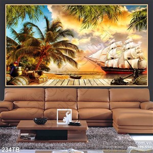 Tranh thuyền buồm xuôi gió con thuyền và cây dừa cuối ngày