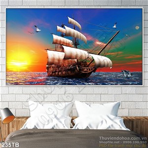 Tranh thuyền buồm xuôi gió mặt trời lặn trên biển psd