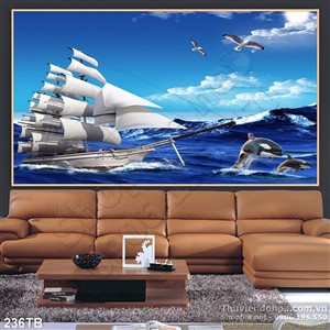 Tranh thuyền buồm xuôi gió cá heo và sóng lớn uv