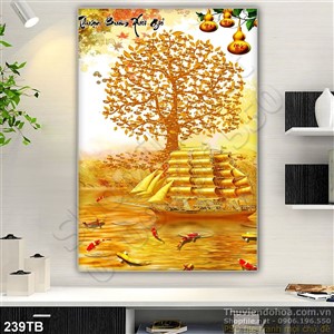 Tranh thuyền buồm xuôi gió cá chép và thuyền vàng