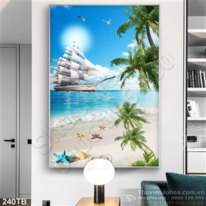 Tranh thuyền buồm xuôi gió khổ dọc bãi biển